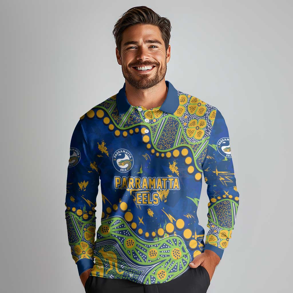 Personalized Parramatta Eels Long Sleeve Polo Shirt Aboriginal Pattern with Graffiti Style Design
