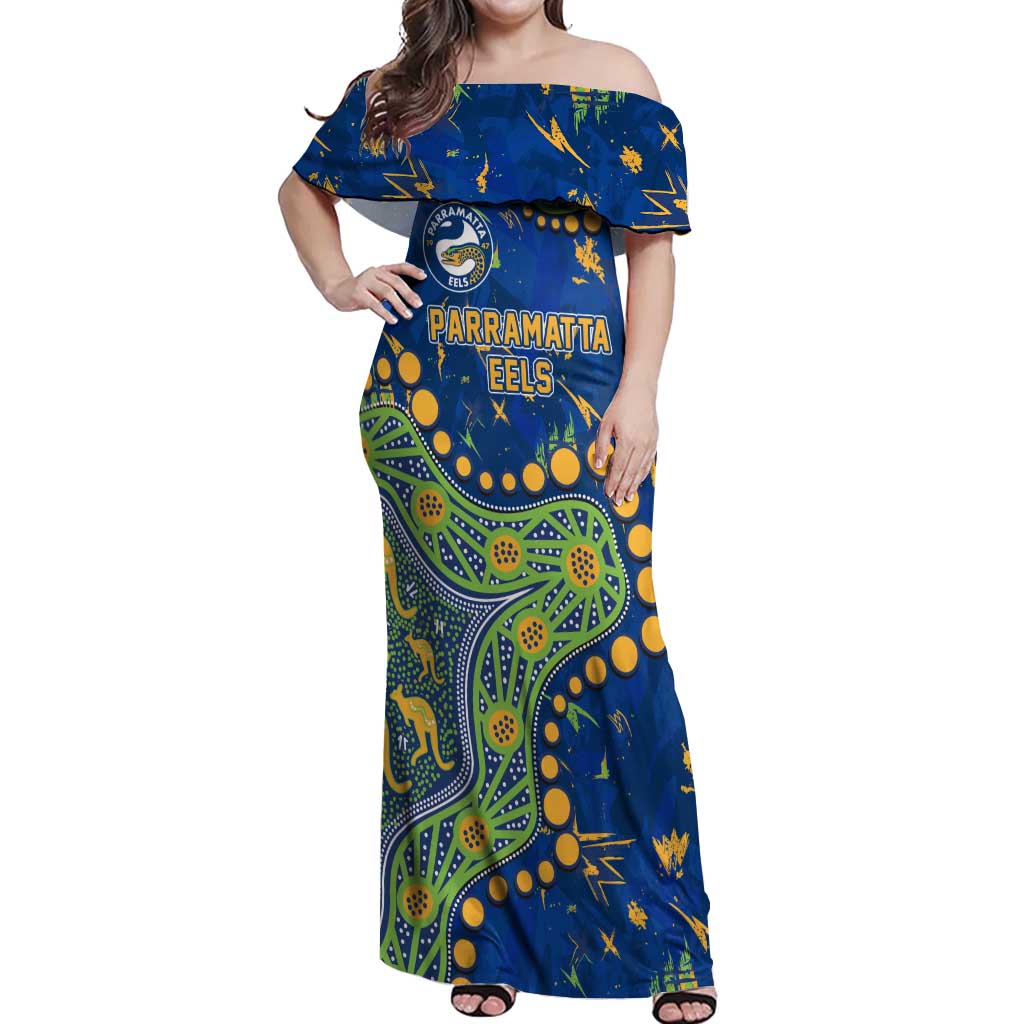 Personalized Parramatta Eels Off Shoulder Maxi Dress Aboriginal Pattern with Graffiti Style Design