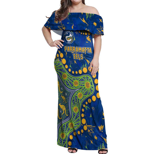 Personalized Parramatta Eels Off Shoulder Maxi Dress Aboriginal Pattern with Graffiti Style Design
