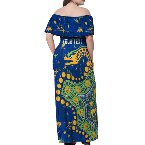 Personalized Parramatta Eels Off Shoulder Maxi Dress Aboriginal Pattern with Graffiti Style Design