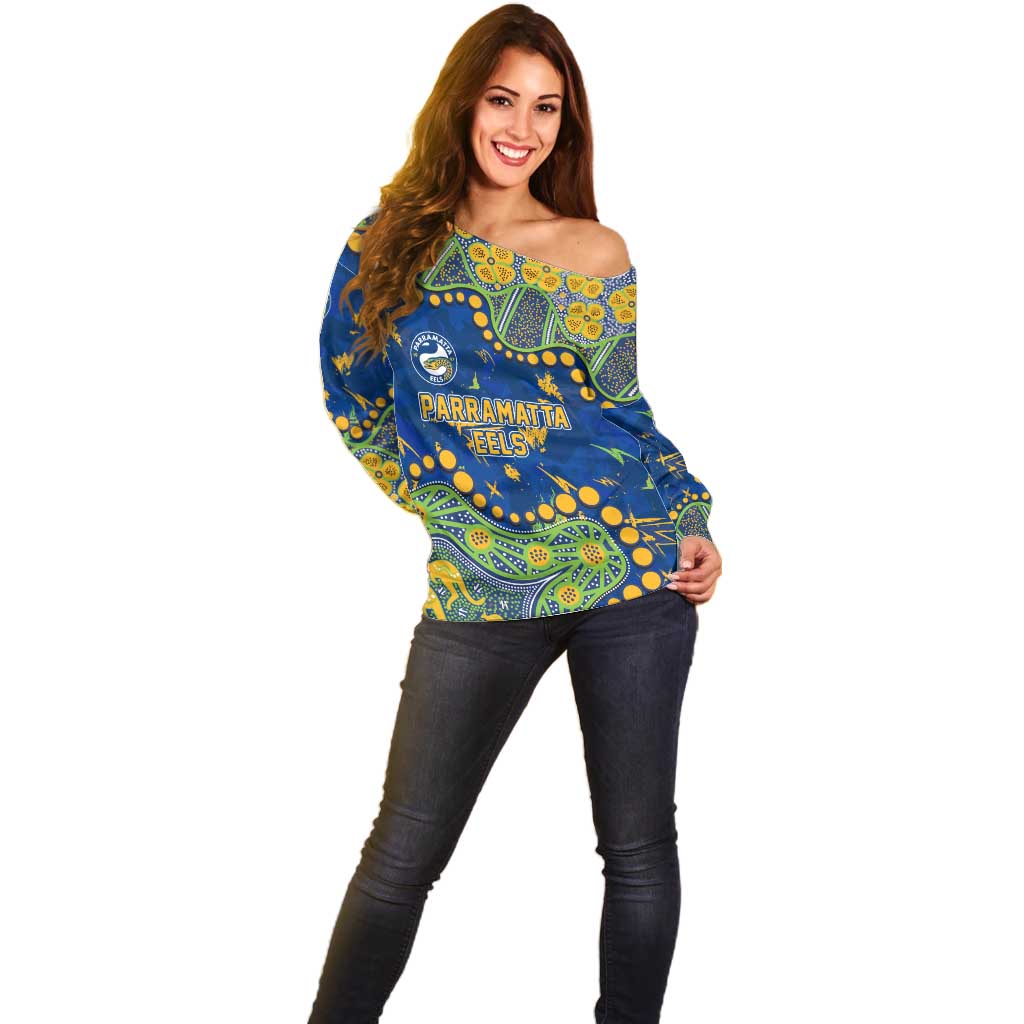 Personalized Parramatta Eels Off Shoulder Sweater Aboriginal Pattern with Graffiti Style Design