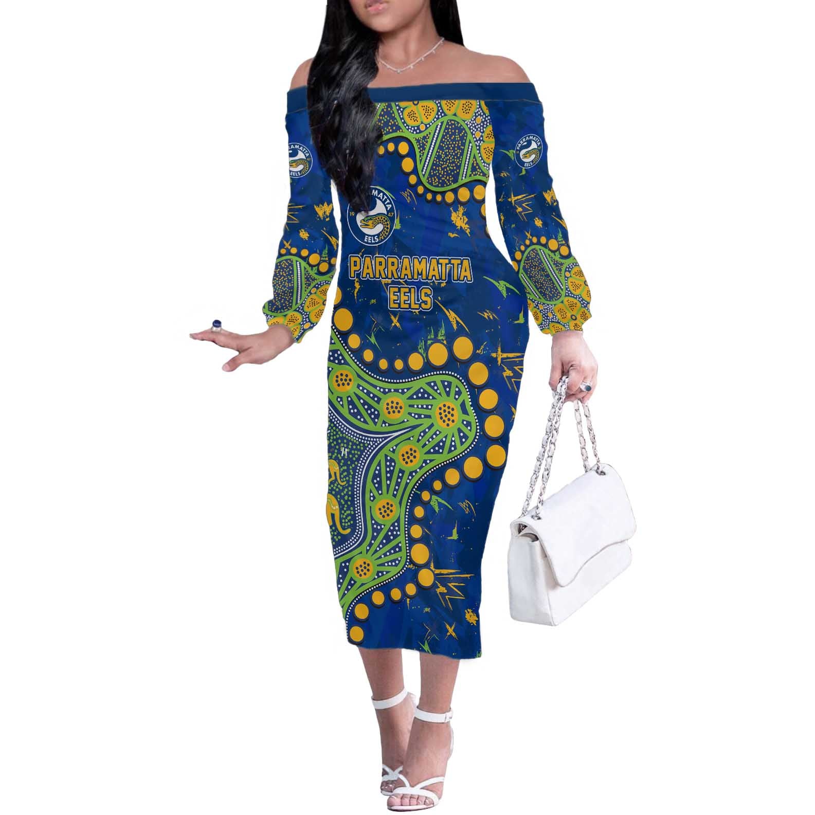 Personalized Parramatta Eels Off The Shoulder Long Sleeve Dress Aboriginal Pattern with Graffiti Style Design