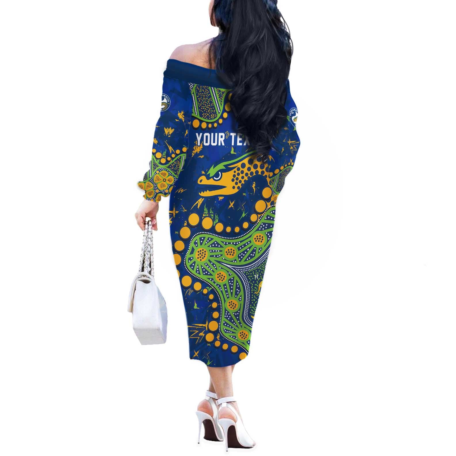 Personalized Parramatta Eels Off The Shoulder Long Sleeve Dress Aboriginal Pattern with Graffiti Style Design