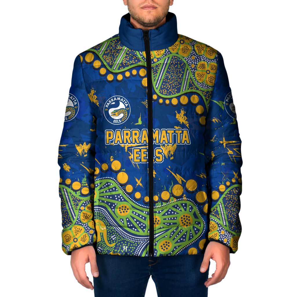 Personalized Parramatta Eels Padded Jacket Aboriginal Pattern with Graffiti Style Design