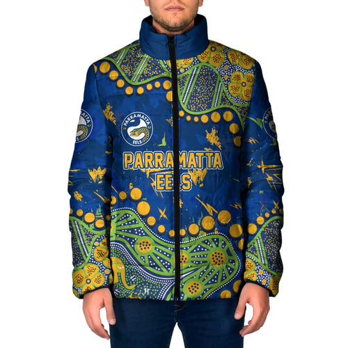 Personalized Parramatta Eels Padded Jacket Aboriginal Pattern with Graffiti Style Design