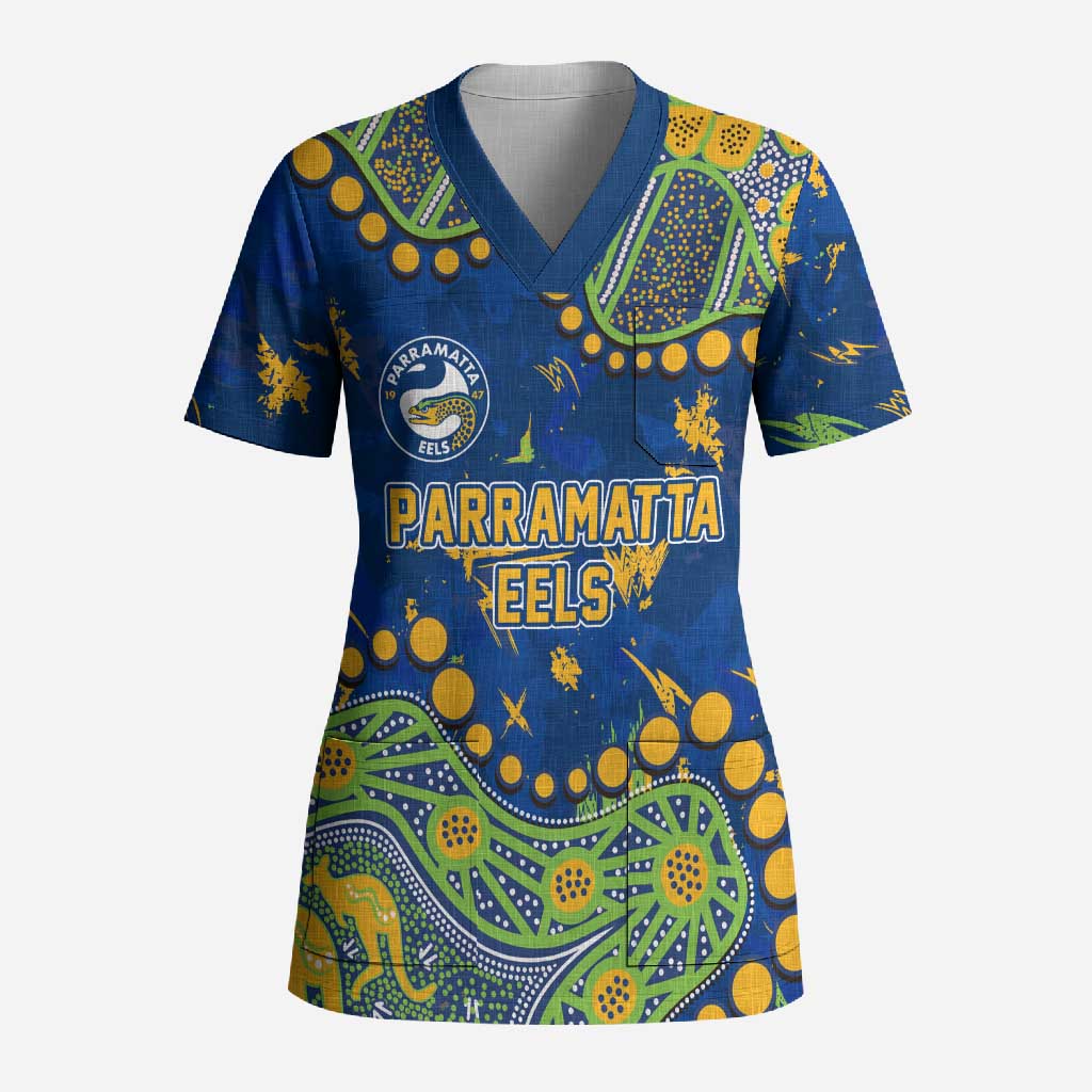 Personalized Parramatta Eels Scrub Top Aboriginal Pattern with Graffiti Style Design