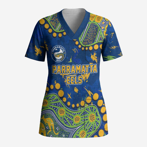 Personalized Parramatta Eels Scrub Top Aboriginal Pattern with Graffiti Style Design