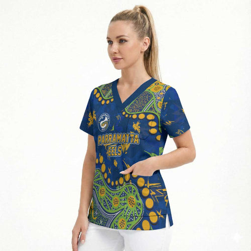 Personalized Parramatta Eels Scrub Top Aboriginal Pattern with Graffiti Style Design