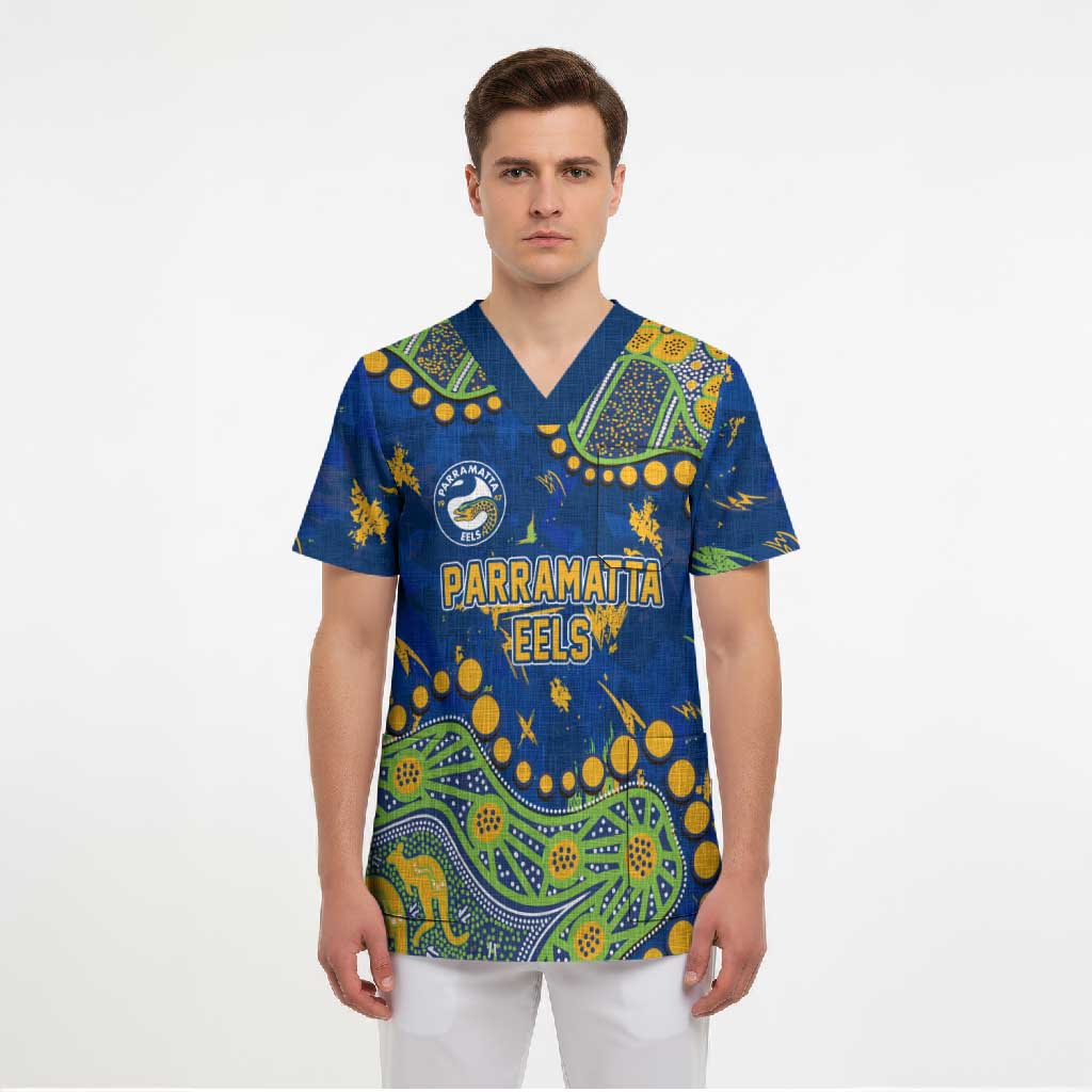 Personalized Parramatta Eels Scrub Top Aboriginal Pattern with Graffiti Style Design