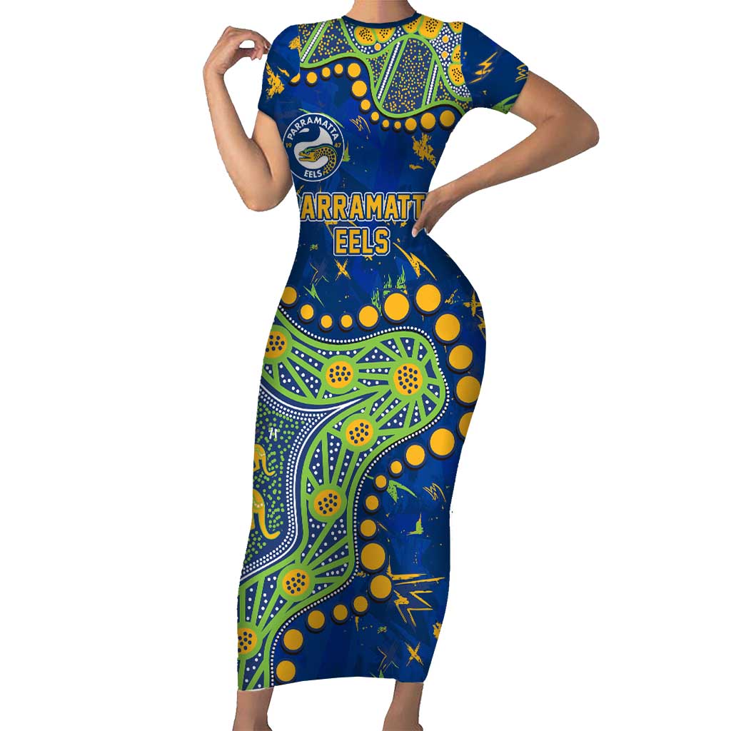 Personalized Parramatta Eels Short Sleeve Bodycon Dress Aboriginal Pattern with Graffiti Style Design