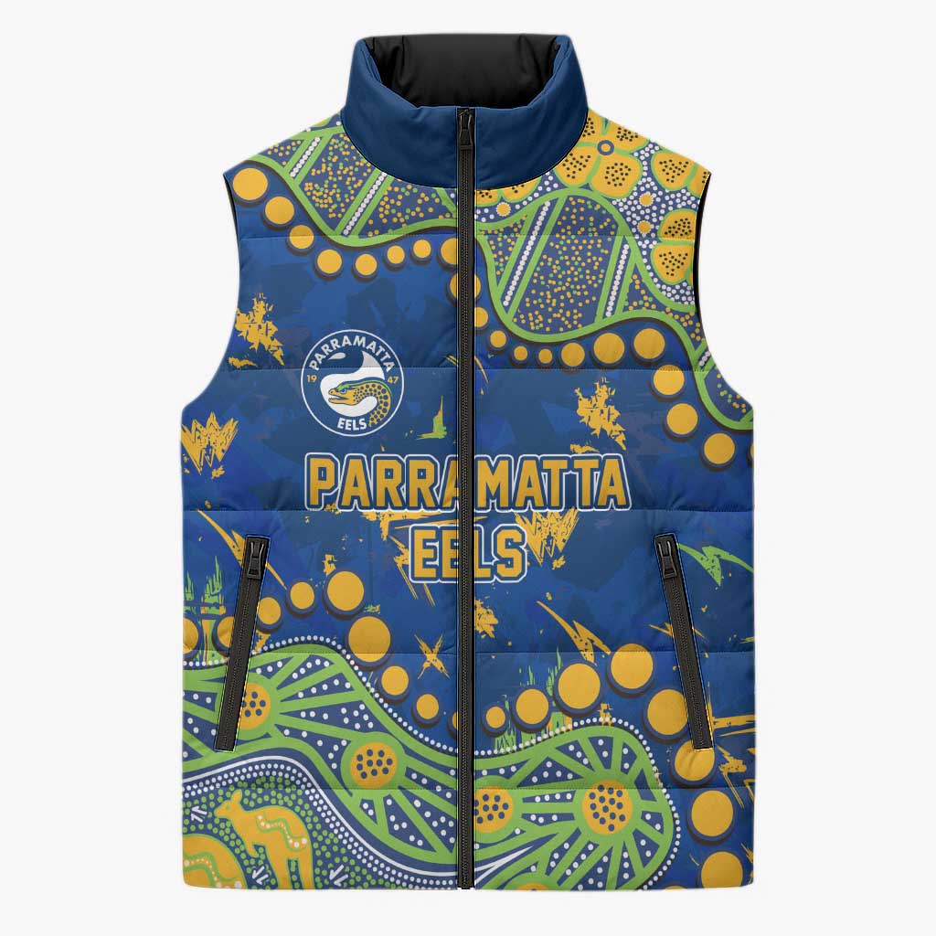 Personalized Parramatta Eels Sleeveless Puffer Jacket Aboriginal Pattern with Graffiti Style Design