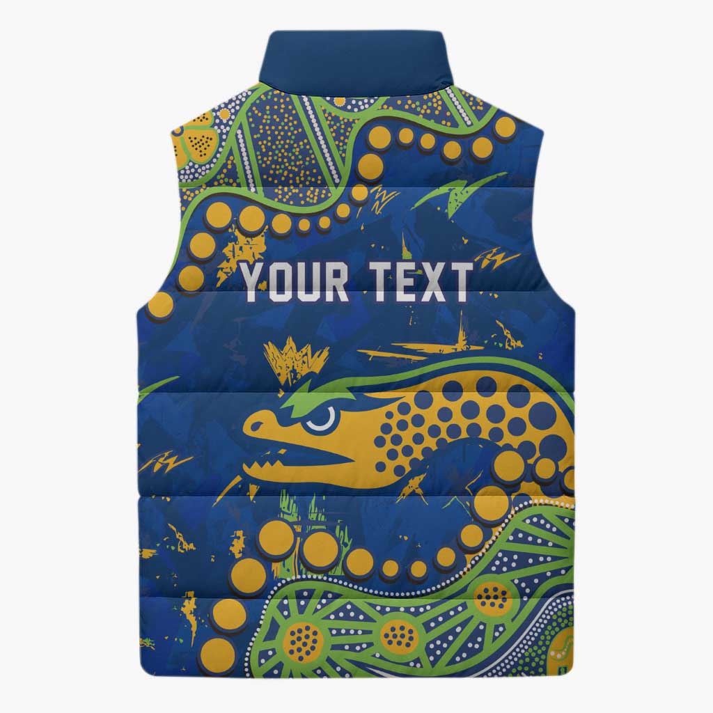 Personalized Parramatta Eels Sleeveless Puffer Jacket Aboriginal Pattern with Graffiti Style Design