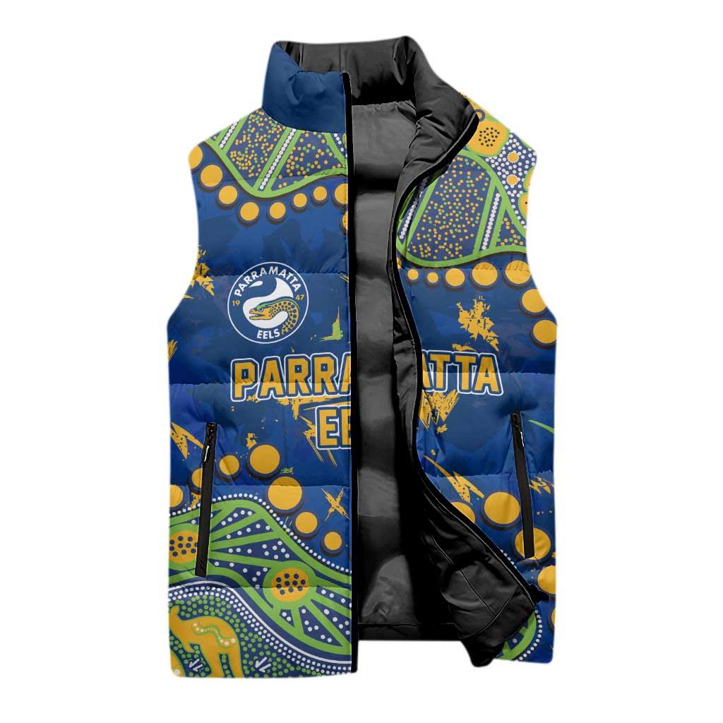 Personalized Parramatta Eels Sleeveless Puffer Jacket Aboriginal Pattern with Graffiti Style Design