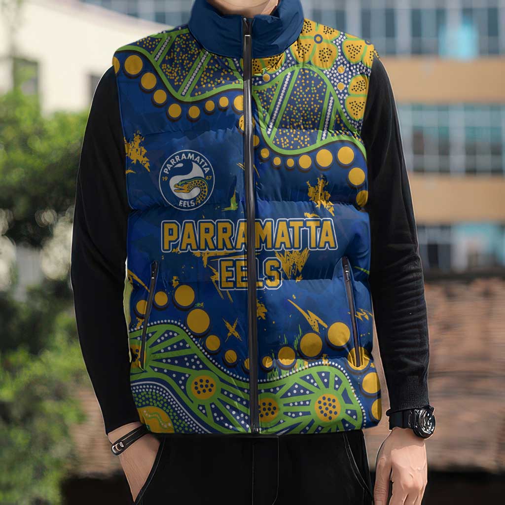 Personalized Parramatta Eels Sleeveless Puffer Jacket Aboriginal Pattern with Graffiti Style Design