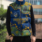 Personalized Parramatta Eels Sleeveless Puffer Jacket Aboriginal Pattern with Graffiti Style Design