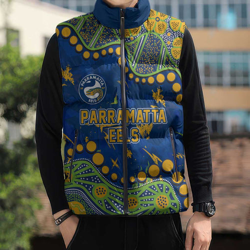 Personalized Parramatta Eels Sleeveless Puffer Jacket Aboriginal Pattern with Graffiti Style Design