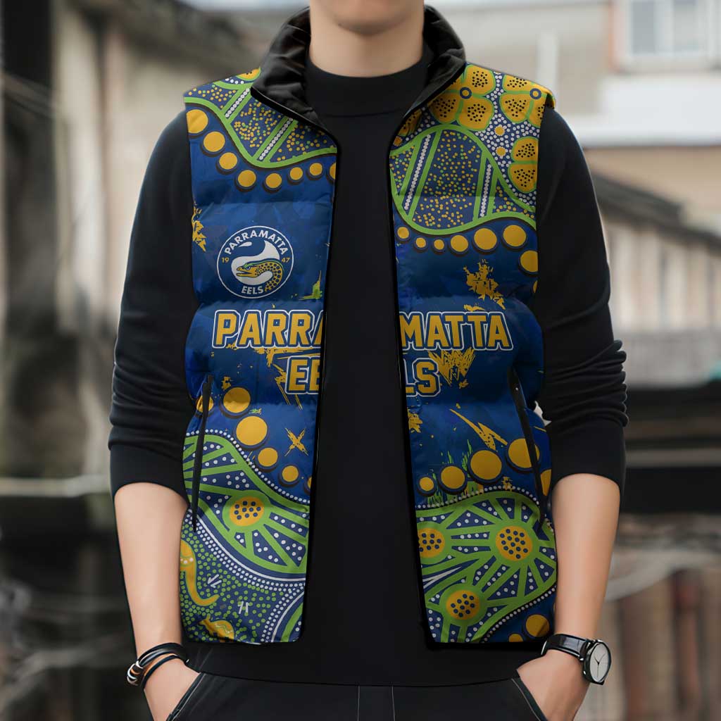 Personalized Parramatta Eels Sleeveless Puffer Jacket Aboriginal Pattern with Graffiti Style Design