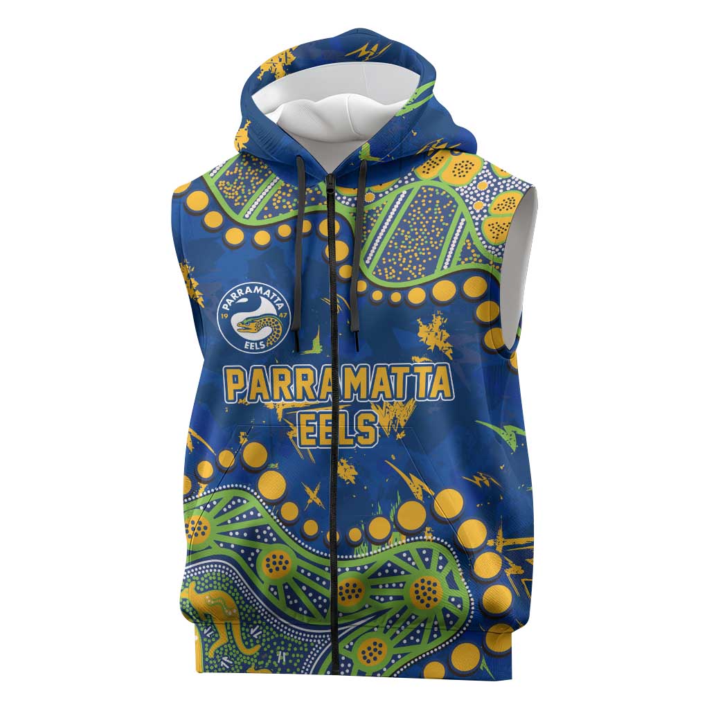 Personalized Parramatta Eels Sleeveless Zip Hoodie Aboriginal Pattern with Graffiti Style Design