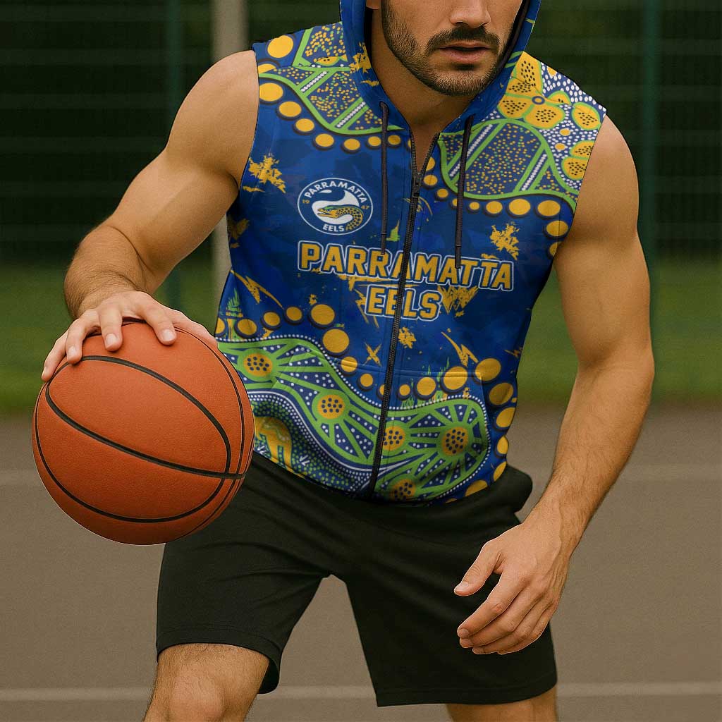Personalized Parramatta Eels Sleeveless Zip Hoodie Aboriginal Pattern with Graffiti Style Design