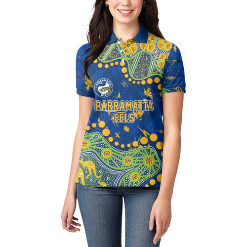 Personalized Parramatta Eels Women Polo Shirt Aboriginal Pattern with Graffiti Style Design