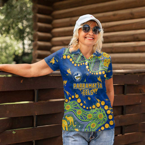 Personalized Parramatta Eels Women Polo Shirt Aboriginal Pattern with Graffiti Style Design