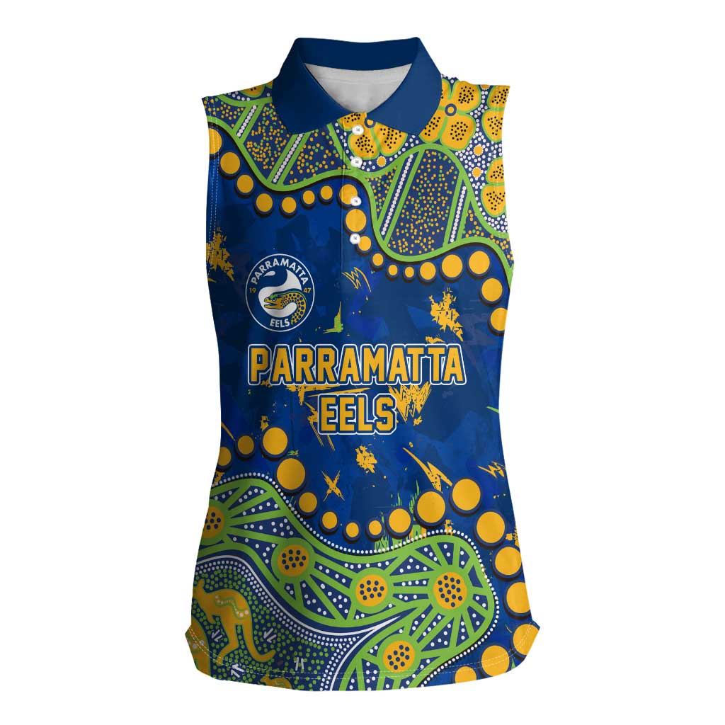 Personalized Parramatta Eels Women Sleeveless Polo Shirt Aboriginal Pattern with Graffiti Style Design