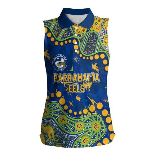 Personalized Parramatta Eels Women Sleeveless Polo Shirt Aboriginal Pattern with Graffiti Style Design