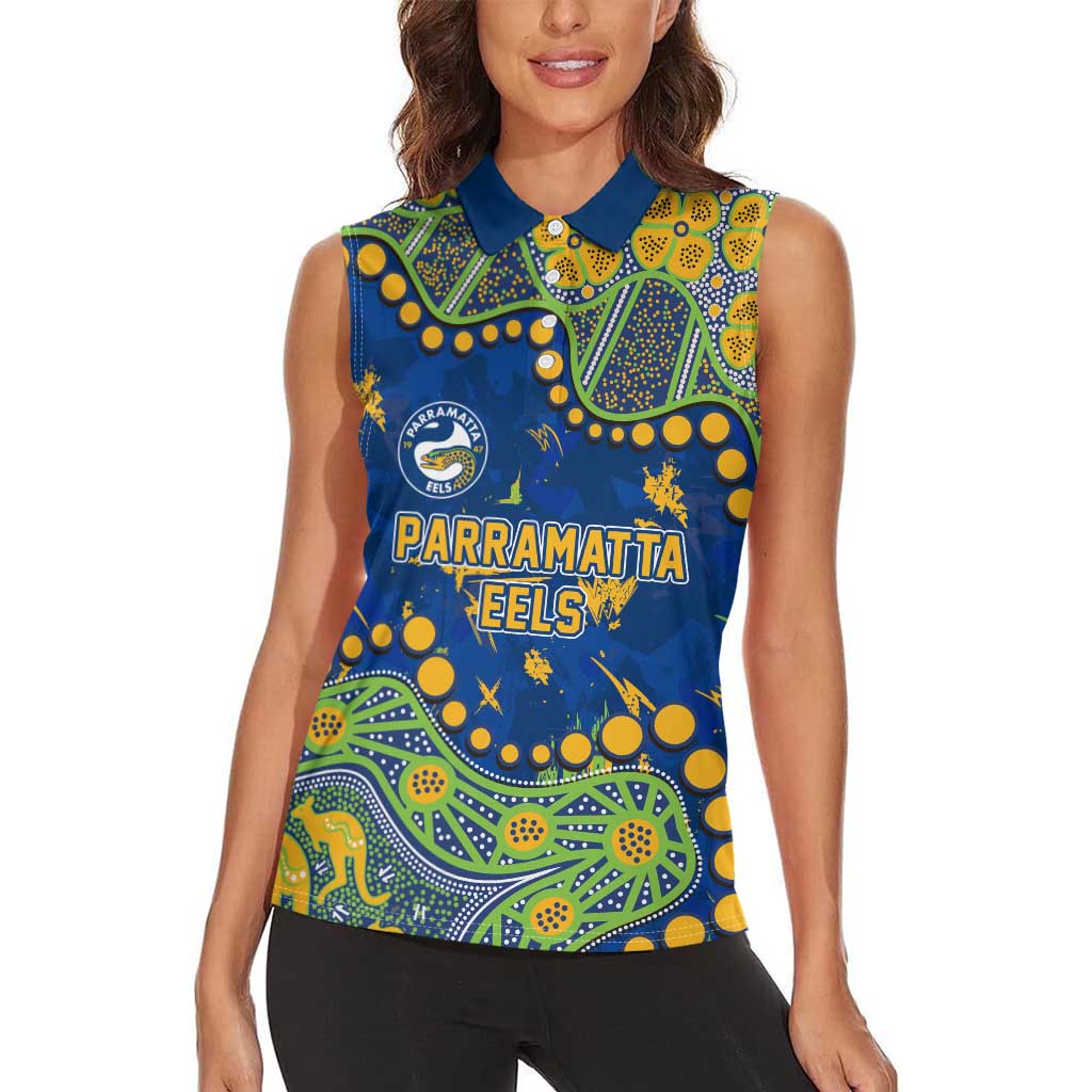 Personalized Parramatta Eels Women Sleeveless Polo Shirt Aboriginal Pattern with Graffiti Style Design