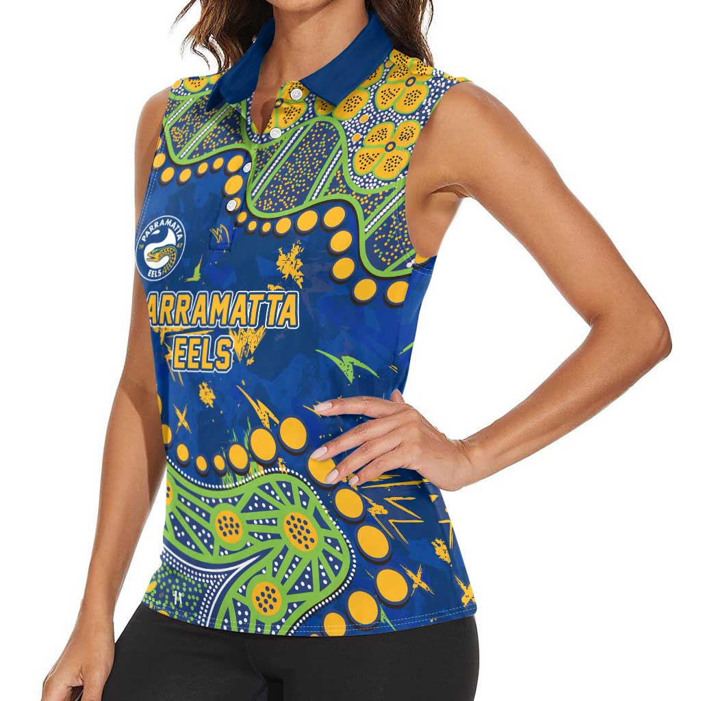 Personalized Parramatta Eels Women Sleeveless Polo Shirt Aboriginal Pattern with Graffiti Style Design