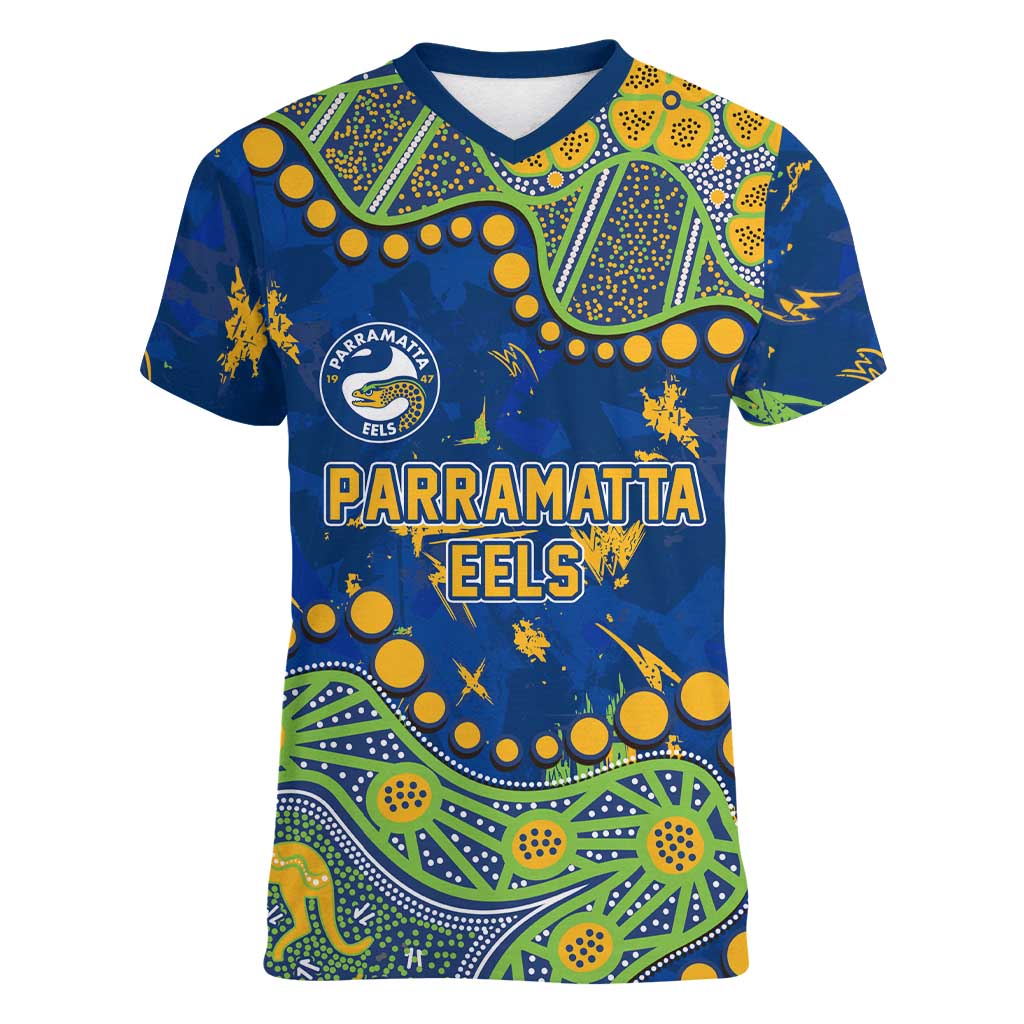 Personalized Parramatta Eels Women V-Neck T-Shirt Aboriginal Pattern with Graffiti Style Design