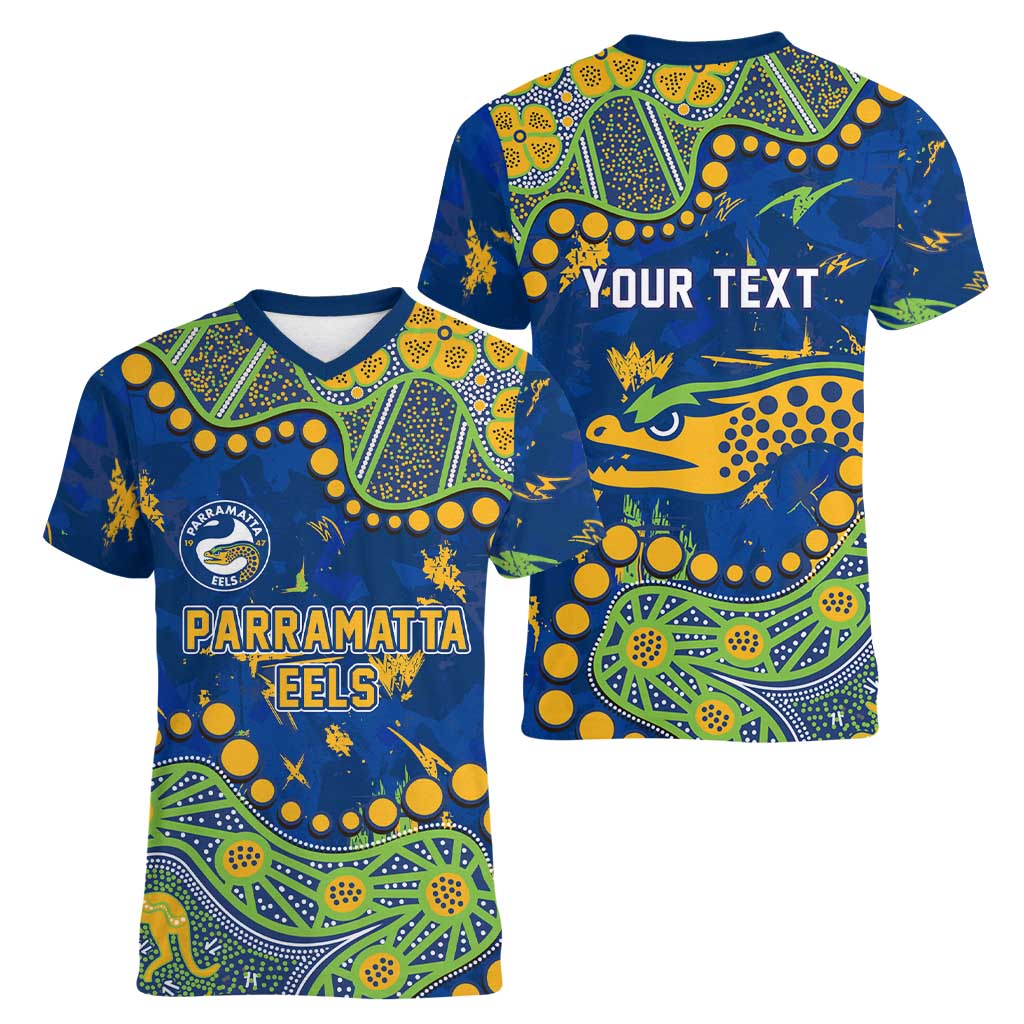 Personalized Parramatta Eels Women V-Neck T-Shirt Aboriginal Pattern with Graffiti Style Design