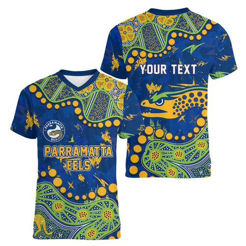 Personalized Parramatta Eels Women V-Neck T-Shirt Aboriginal Pattern with Graffiti Style Design