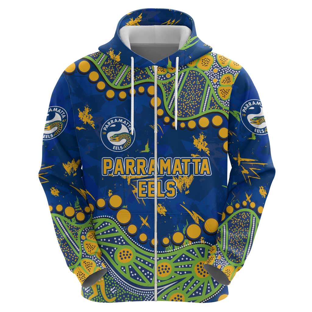 Personalized Parramatta Eels Zip Hoodie Aboriginal Pattern with Graffiti Style Design