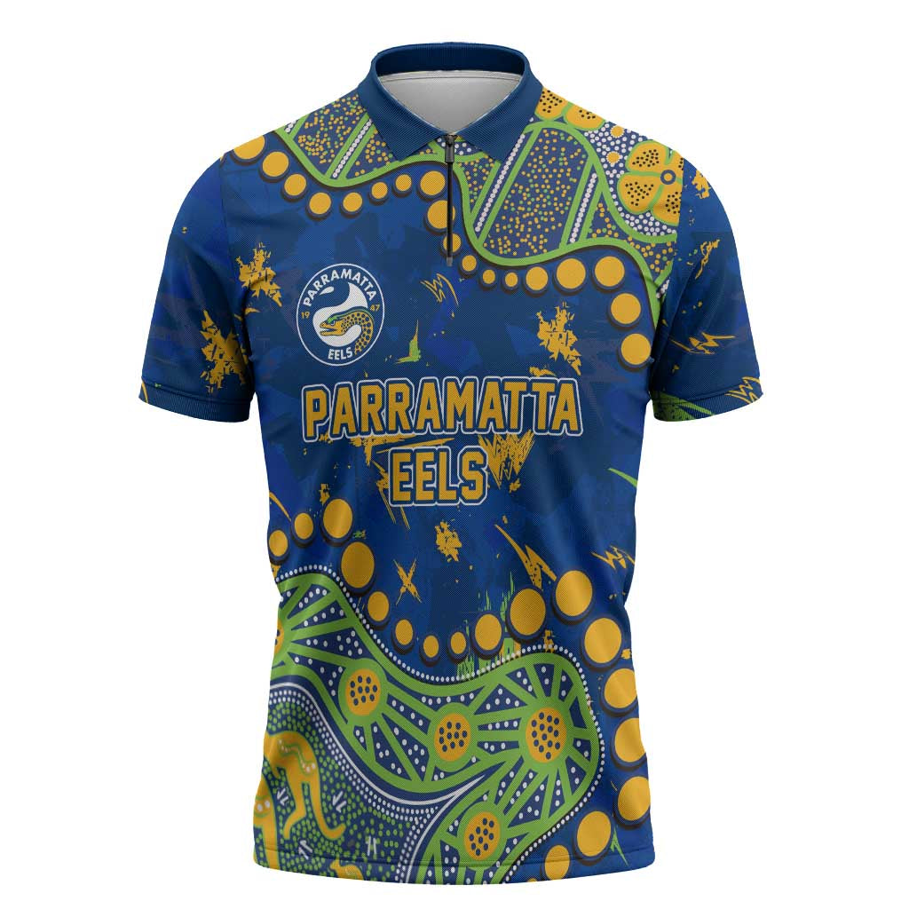 Personalized Parramatta Eels Zipper Polo Shirt Aboriginal Pattern with Graffiti Style Design