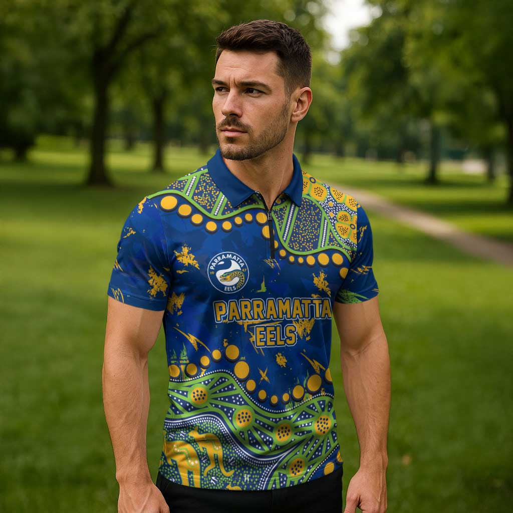 Personalized Parramatta Eels Zipper Polo Shirt Aboriginal Pattern with Graffiti Style Design
