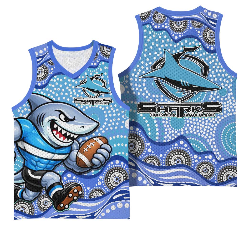 Cronulla Sutherland Sharks Basketball Jersey Aboriginal Dot Pattern - Rugby Mascot Heritage Pride