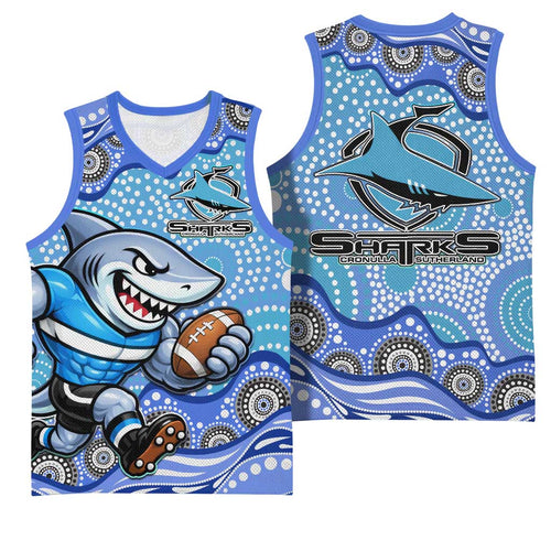 Cronulla Sutherland Sharks Basketball Jersey Aboriginal Dot Pattern - Rugby Mascot Heritage Pride