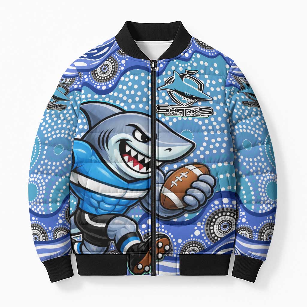 Cronulla Sutherland Sharks Bomber Puffer Jacket Aboriginal Dot Pattern - Rugby Mascot Heritage Pride