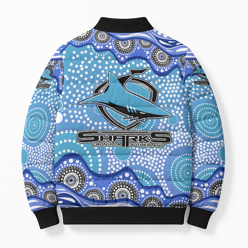 Cronulla Sutherland Sharks Bomber Puffer Jacket Aboriginal Dot Pattern - Rugby Mascot Heritage Pride