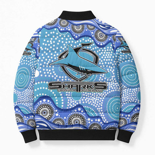 Cronulla Sutherland Sharks Bomber Puffer Jacket Aboriginal Dot Pattern - Rugby Mascot Heritage Pride
