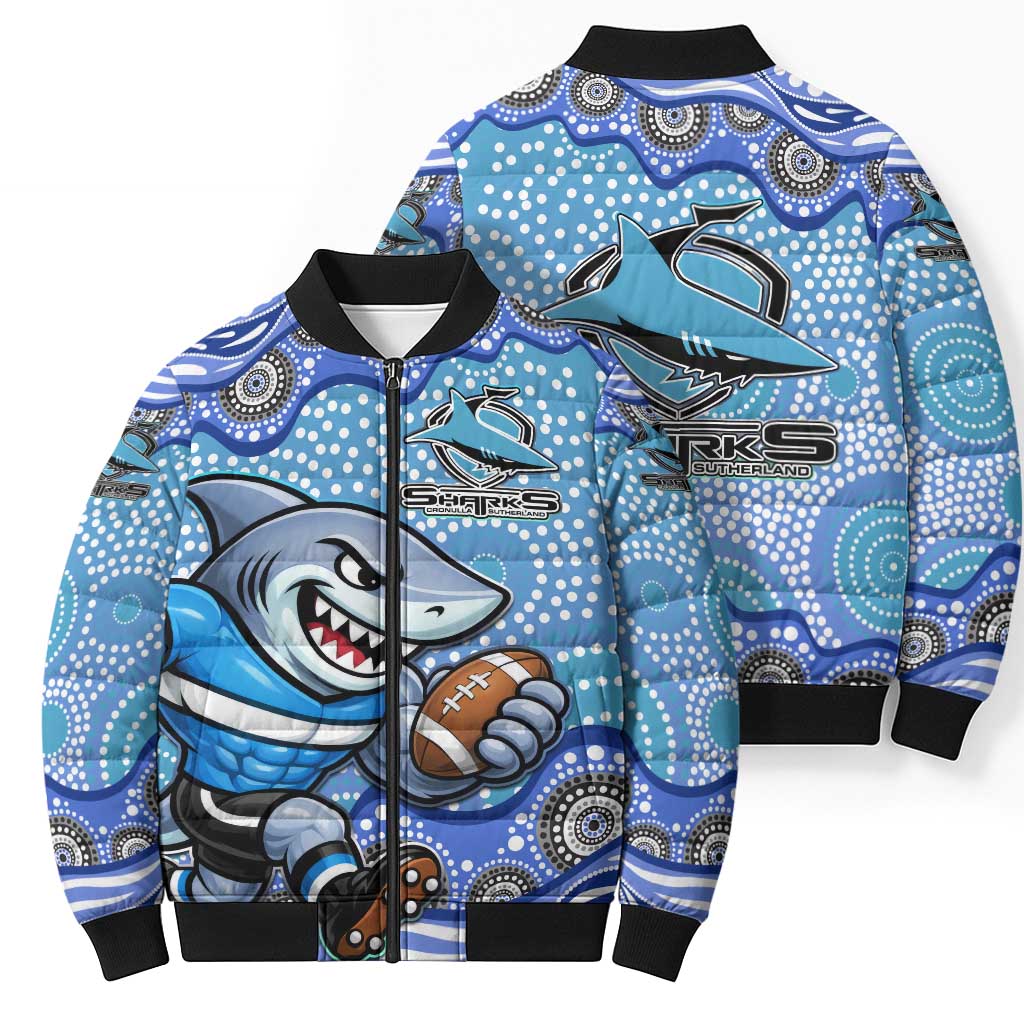 Cronulla Sutherland Sharks Bomber Puffer Jacket Aboriginal Dot Pattern - Rugby Mascot Heritage Pride