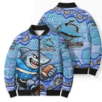 Cronulla Sutherland Sharks Bomber Puffer Jacket Aboriginal Dot Pattern - Rugby Mascot Heritage Pride