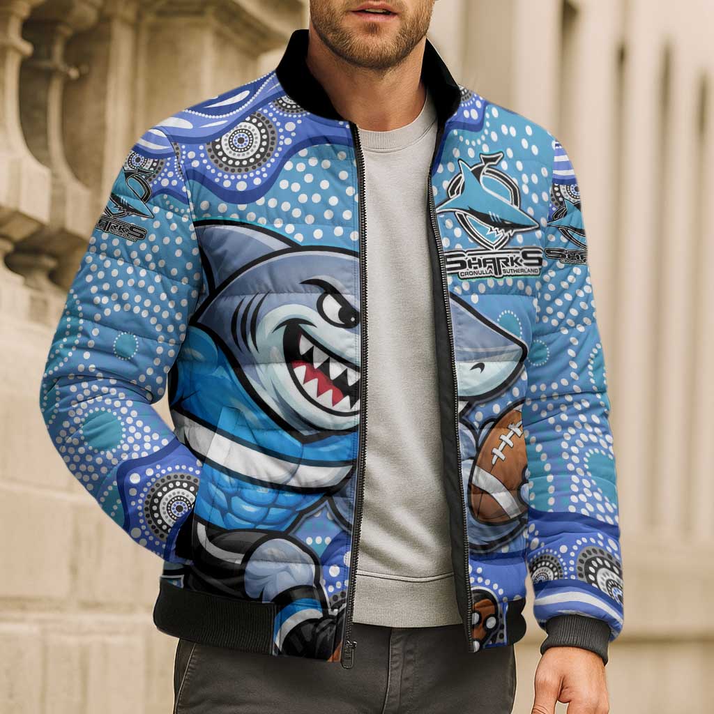 Cronulla Sutherland Sharks Bomber Puffer Jacket Aboriginal Dot Pattern - Rugby Mascot Heritage Pride