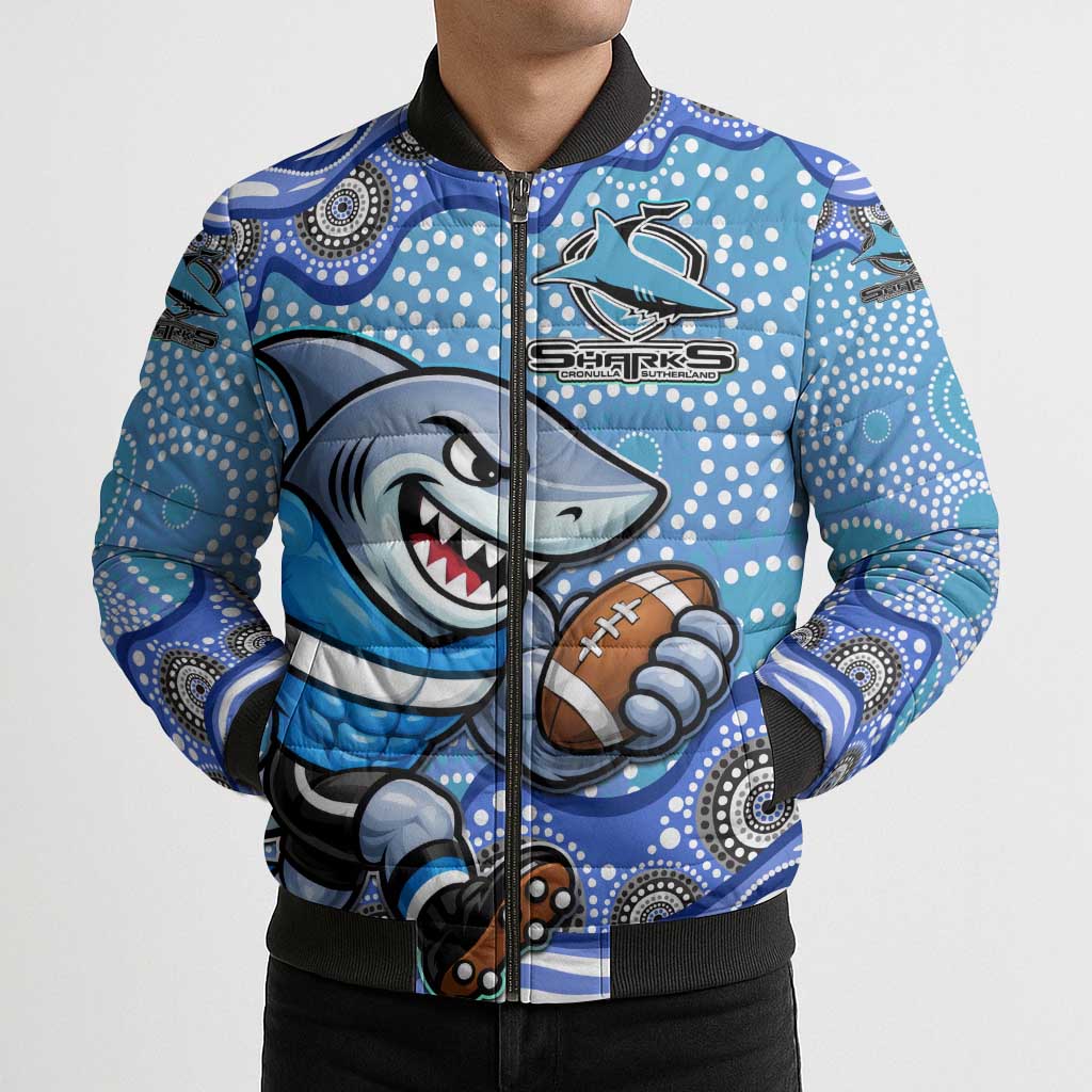 Cronulla Sutherland Sharks Bomber Puffer Jacket Aboriginal Dot Pattern - Rugby Mascot Heritage Pride