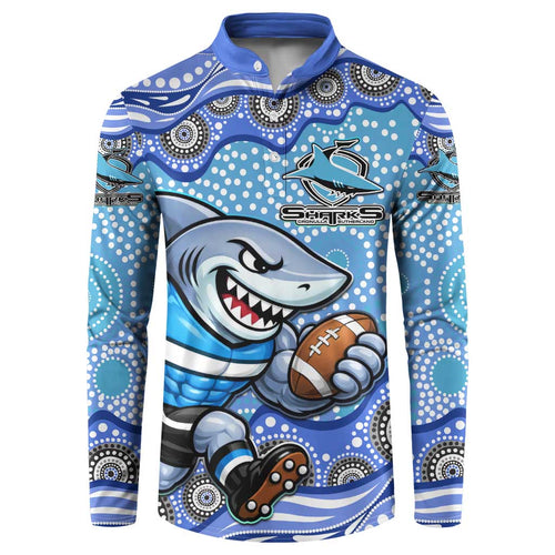 Cronulla Sutherland Sharks Button Sweatshirt Aboriginal Dot Pattern - Rugby Mascot Heritage Pride