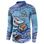 Cronulla Sutherland Sharks Button Sweatshirt Aboriginal Dot Pattern - Rugby Mascot Heritage Pride