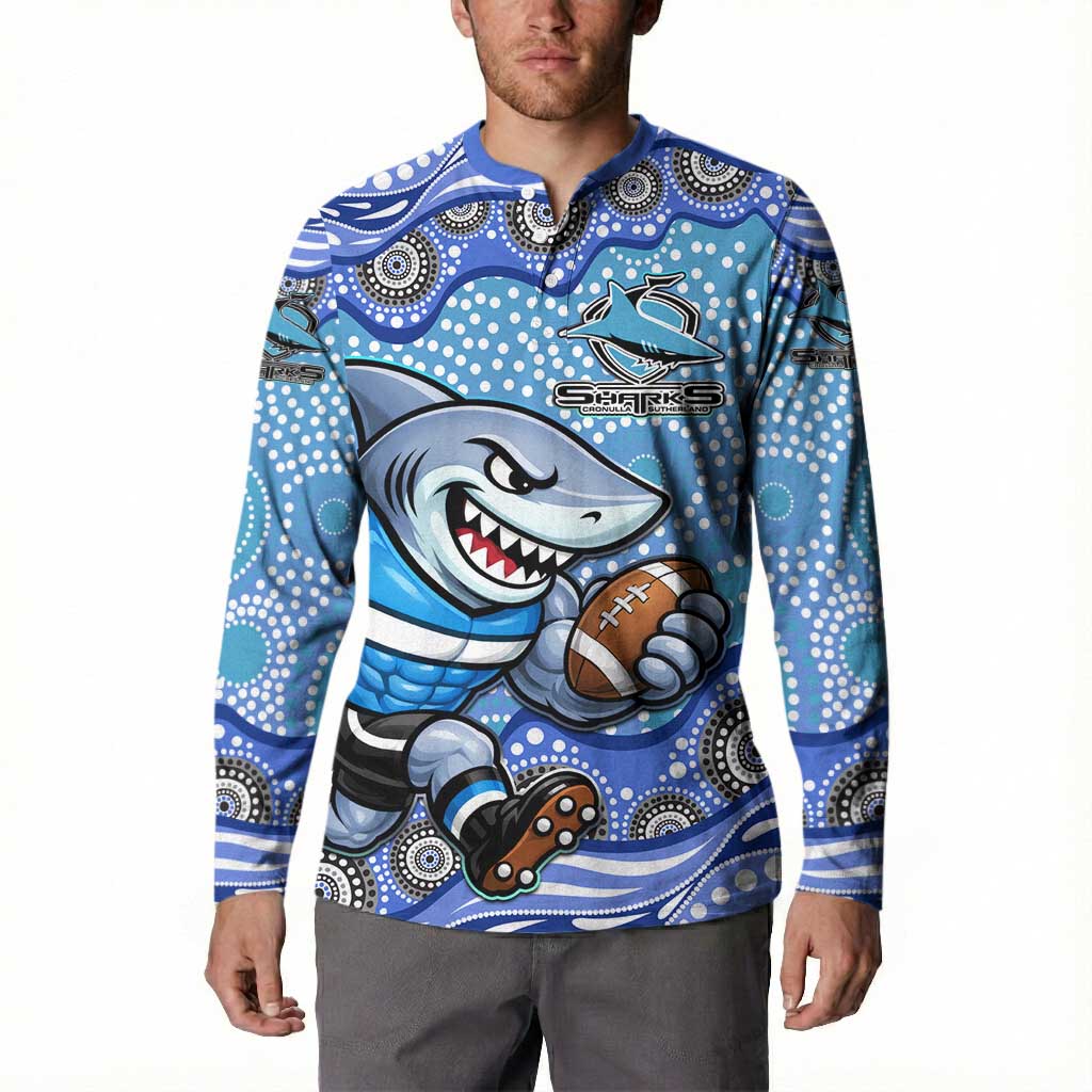 Cronulla Sutherland Sharks Button Sweatshirt Aboriginal Dot Pattern - Rugby Mascot Heritage Pride