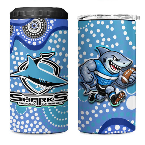 Cronulla Sutherland Sharks 4 in 1 Can Cooler Tumbler Aboriginal Dot Pattern - Rugby Mascot Heritage Pride
