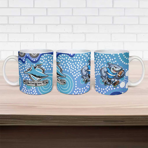 Cronulla Sutherland Sharks Ceramic Mug Aboriginal Dot Pattern - Rugby Mascot Heritage Pride