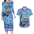 Cronulla Sutherland Sharks Couples Matching Long Sleeve Bodycon Dress and Hawaiian Shirt Aboriginal Dot Pattern - Rugby Mascot Heritage Pride